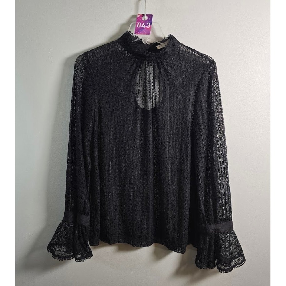 Trina Turk Womens Blouse Black Lace Keyhole Bell Sleeve Mock Neck Whimsigoth L